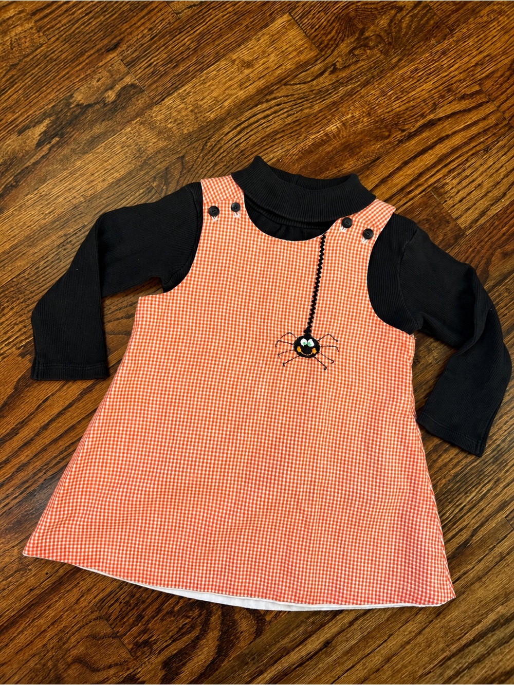 Handmade Halloween Spider Orange Gingham Jumper Dress Baby Girls 9-12M